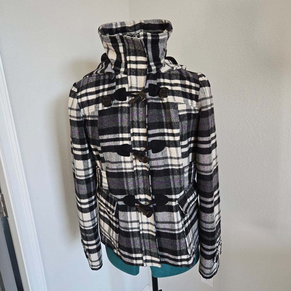 Hydraulic Pea Coat Womens Medium Black Plaid Y2K Preppy Toggle Zip Hooded VTG